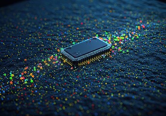 Vibrant microchip ignites a digital galaxy of colorful data streams, symbolizing technological innovation and future possibilities.