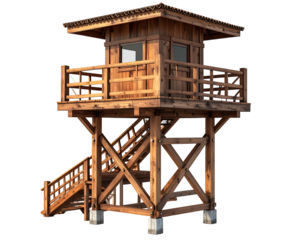 Wooden observation tower with staircase, railing, and two-story design