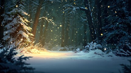 Winter forest scene with snow - covered trees, glowing lights, serene snowy path, copy space