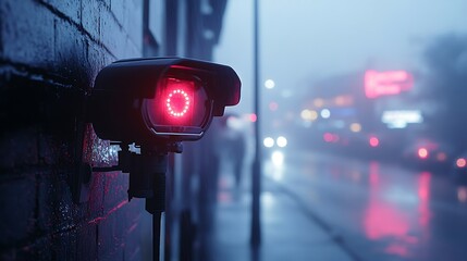 Vigilant surveillance camera positioned on brick wall against blurred cityscape