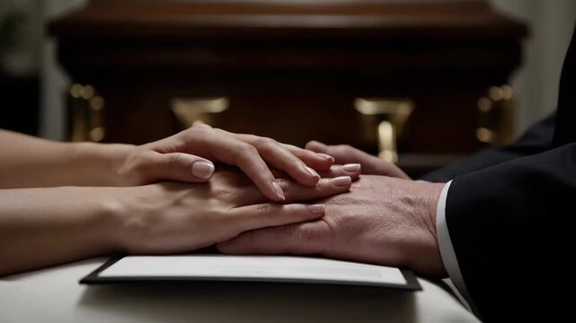 Support During Grief Couple Holding Hands at Funeral Service Near Casket