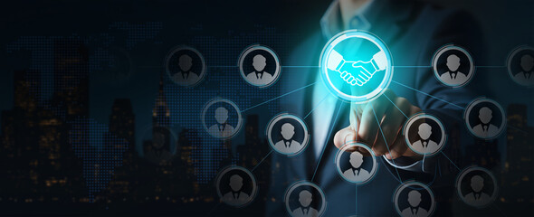 Digital Networking and Business Partnership Interface, Handshake icon connects people in glowing tech-driven network
