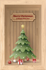 3D cute decorated Christmas tree and elements in whitewashed wooden rectangle box with Merry christmas and Happy New Year calligraphy on wooden signboard graphic illustration.