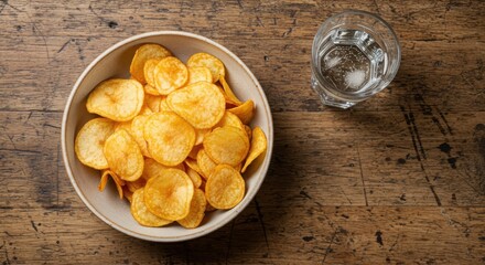 Top View of a Bowl of Potato Chips and a Glass of Water on a Rustic Wooden Table