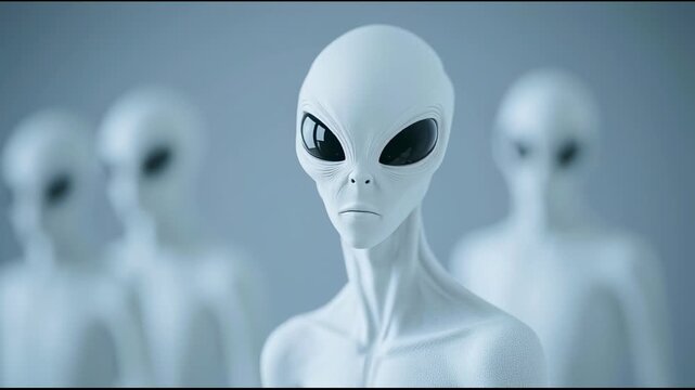 Gray aliens standing still with other aliens blurred in the background