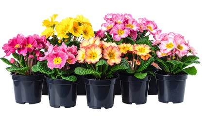Colorful primroses in dark pots against a white background