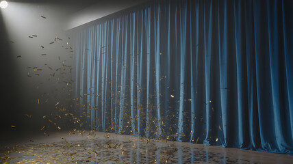Obraz premium Stage with Blue Curtains and Falling Gold Confetti