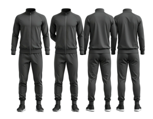 Four views of a dark gray athletic tracksuit, front and back, worn by a model