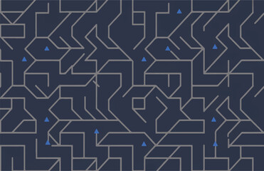 Dark blue background with a complex grey maze pattern and blue triangles labyrinth