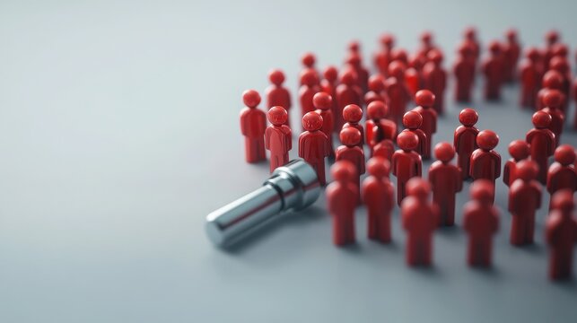 Red people figurines following a silver flashlight on gray background