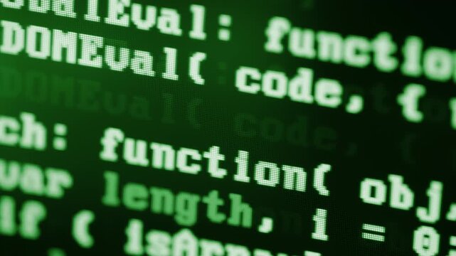 Close up of computer monitor screen with green programming code, hacker background, software development, cyber security, coding technologies and digital innovation concept
