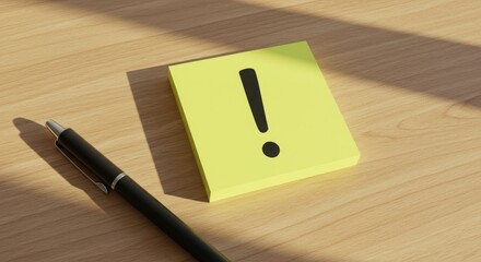 Yellow Sticky Note with Exclamation Mark on Wooden Desk
