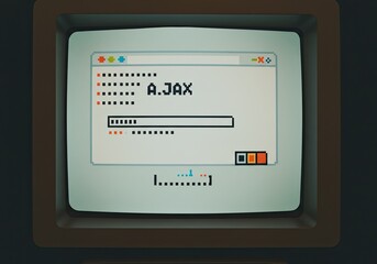 Retro computer screen displays pixelated login prompt with 'A.JAX' visible, evoking nostalgia and early digital interfaces.