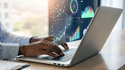 A businessman is working with a laptop and analyzing financial data, charts, and graphs on a virtual screen for business strategy and success