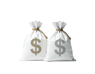 Two white tied sacks with dollar signs on them, against a black background