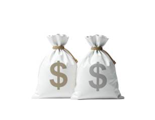 Two white tied sacks with dollar signs on them, against a black background