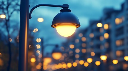 Illuminated urban evening scene with glowing streetlights and building windows
