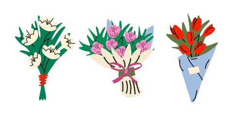 Bouquet of flowers cartoon stickers. A set of different bouquet of flowers for gift, present for special days and celebration. Vector set of flower in flat style isolated on white background