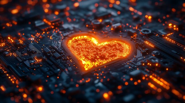 Glowing heart embedded within a complex network of interconnected circuits