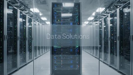 Server room image with "Data Solutions" overlay and rows of servers - Powered by Adobe