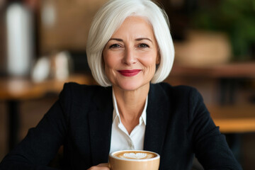 Confident mature woman with white hair smiling warmly, holding coffee cup in modern cafe, business attire, relaxed and happy mood