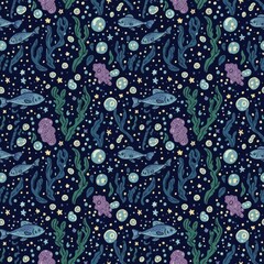 Deep sea creatures kawaii doodle, Colorful Underwater Scene with Fish, Corals, and Marine Plants