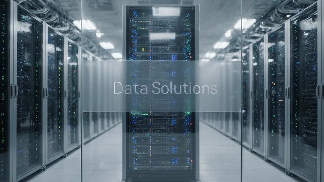 Server room image with "Data Solutions" overlay and rows of servers - Powered by Adobe