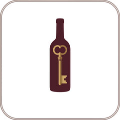 Minimal wine bottle icon, golden key symbol, refined hospitality branding, classic label frame, premium restaurant vector mark