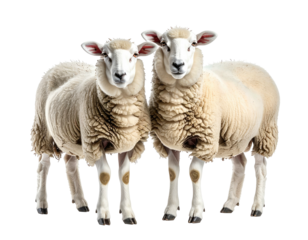 Two fluffy sheep with white wool and pink ears stand close together on black