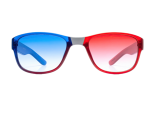 3D glasses with gradient lenses, bold frames, and a neutral bridge against black