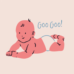 Little lying baby. Cute funny character in diapers. Playful curious young baby. Happy newborn boy or girl. Hand drawn Vector illustration. Isolated design element. Sticker, logo, print template