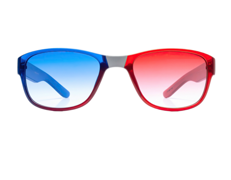 3D glasses with gradient lenses, bold frames, and a neutral bridge against black
