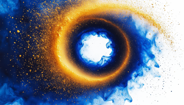 A swirling smoke spiral on a transparent background, blue with gold glitter on a transparent background, ready-made clipart for insertion into any background.