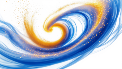 A dynamic blue beam of light with gold glitter twisting on a transparent background, ready-made clipart for insertion into any background.