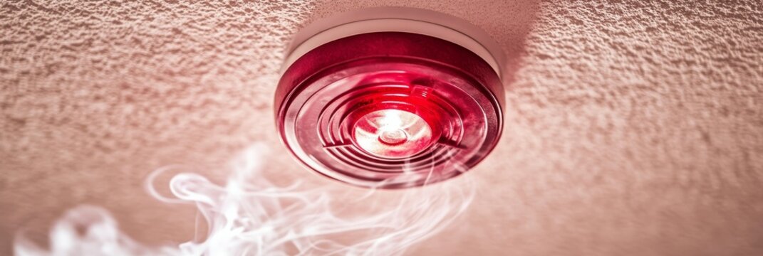 Low-Angle Close-Up of a Smoke Detector on Ceiling with Red Activation Indicator for Smoke Detection