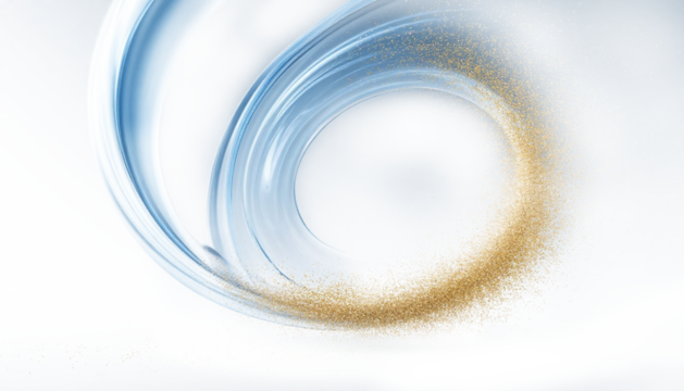 Dynamic swirling blue light ray with gold sparkles PNG clipart..