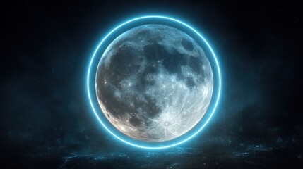 Fototapeta premium Full moon, neon ring, cosmic scene