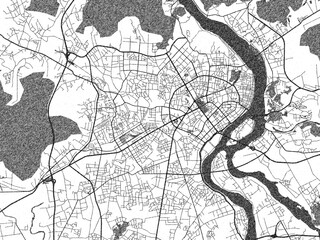 Urban black and white map of Chaozhou, China, designed in a sketch style for prints.