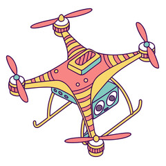 Colorful cartoon drone with camera and propellers quadcopter