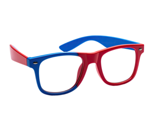 Color-blocked eyeglasses with a red right side, blue left side and arms