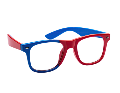 Color-blocked eyeglasses with a red right side, blue left side and arms