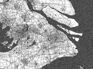 Fototapeta premium Poster-ready black and white illustration map of Greater Shanghai, China, detailed and artistic.