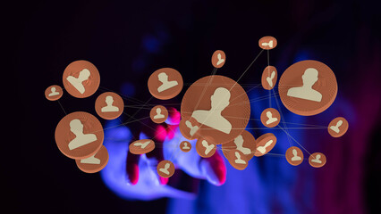 Conceptual representation of networking with digital profiles linked together, symbolizing online communication and social connections, on blue