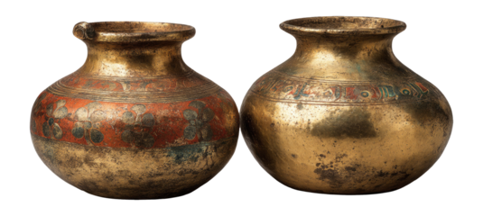 Antique Decorative Pots with Colorful Designs and Unique Shapes on Transparent Background