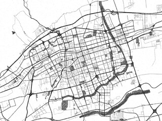 Naklejka premium Illustrated city map of Hohhot, China, in black and white, showing roads and textures.