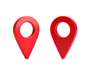 Two vibrant red location pin icons against a stark black backdrop