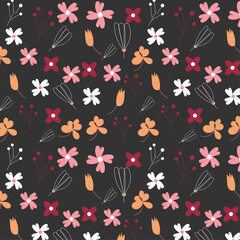 Seamless cute hand drawn floral pattern on grey background