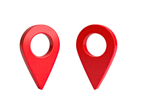 Two vibrant red location pin icons against a stark black backdrop