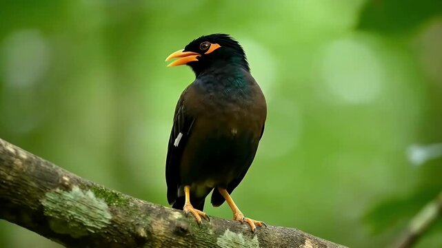 Wild Myna Bird Standing On Tree Branch With Green Background