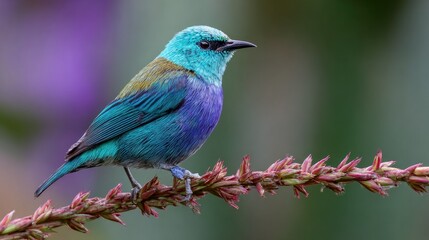 Obraz premium Vibrant blue-and-gold bird perched on a stem